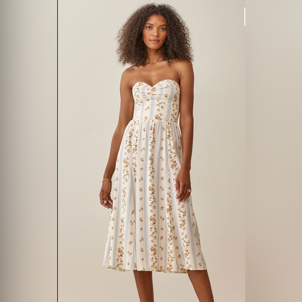 Reformation Aymeline Midi Strapless Dress in Surrey (Size 10)